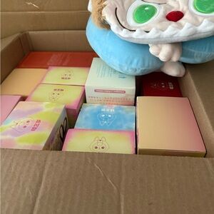 11 blind boxes an a Labubu themed neck pillow